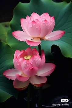 two pink water lilies with green leaves in the background