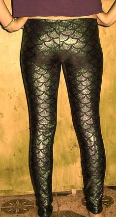 Gold Holographic Mermaid Leggings Shiny Leggings by nanmadetoo Stretch Fishtail Bottoms For Night Out, Fitted Green Mermaid Bottoms, Green Stretch Leggings For Night Out, Stretch Green Leggings For Night Out, Mermaid Leggings, Gold Mermaid, Pants Pocket, Stockings Legs, Shiny Leggings