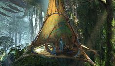 an artist's rendering of a hanging hammock in the forest with people inside