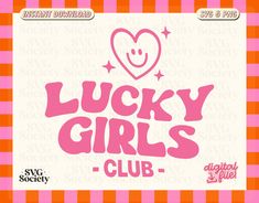 the lucky girls club logo on an orange and pink checkered background