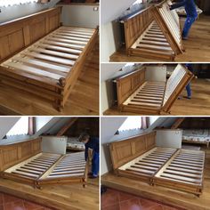 four different pictures of a bed frame being made into a bed with no headboard