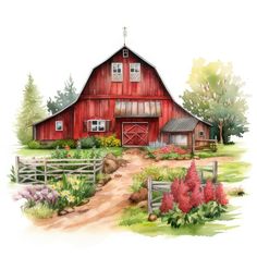 a watercolor painting of a red barn with flowers in the foreground and a path leading to it