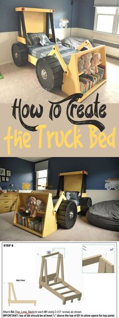 the instructions for how to make a bed with a construction truck and bookcase in it