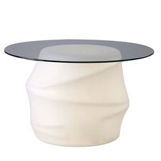 a glass table with a white base and black top on a white background for use as a centerpiece