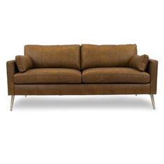 a brown leather couch with metal legs