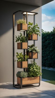 an outdoor planter with plants growing on it's sides and hanging from the ceiling