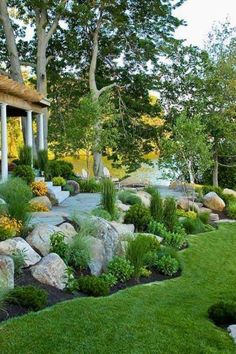 an outdoor garden with rocks and plants