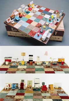 two pictures of a table made out of old books and other items, one has a chess board on it