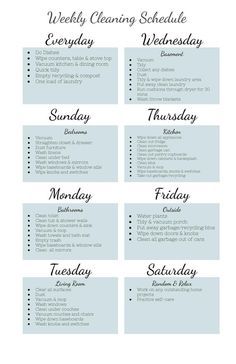 the printable weekly cleaning schedule is shown in black and white on a blue background