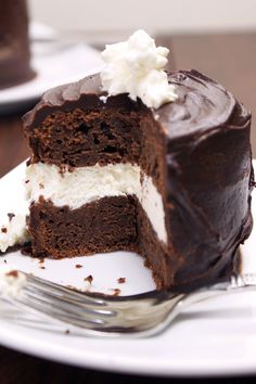 a piece of chocolate cake on a plate with a fork