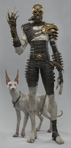 a dog standing next to a statue of a man wearing armor and holding two claws