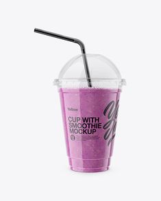 a purple smoothie with a black straw in it's plastic cup on a white background