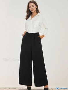 Orcajump - Solid Simple Pants, Casual High Waist Wide Leg Versatile Pants, Women's Clothing Casual Wide-leg Office Bottoms, Casual Wide-leg Pants For Office, Casual Wide-leg Office Pants, Non-stretch Wide Leg Harem Pants For Work, Casual Wide Leg Office Dress Pants, Casual Wide Leg Dress Pants For Office, Versatile Wide Leg Dress Pants With Pockets, Non-stretch Wide Leg Dress Pants With Pockets, Non-stretch High-waisted Dress Pants