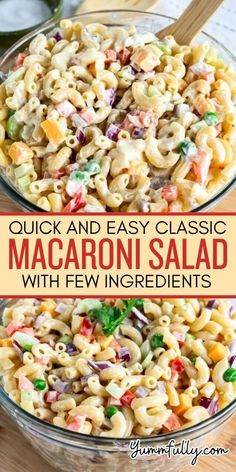 two bowls filled with macaroni salad and the words quick and easy classic macaroni salad with few ingredients