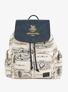 a white backpack with blue accents and writing on it