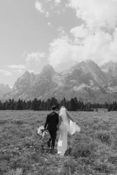 a bride and groom walking through the grass with mountains in the background