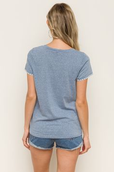 Denim Heather Tee with Picot edge detail 65% Cotton 35% Polyester Loose Fit Pocket Everyday Denim Cutoff Tops, Spring T-shirt With Lace Trim And Crew Neck, Casual Cotton T-shirt With Lace Trim, Trendy Tops With Frayed Hem For Day Out, Cutoff Tops With Frayed Hem For Day Out, Spring Relaxed Fit Cutoff Tops, Casual T-shirt With Lace Trim For Spring, Casual Washed Tops For Day Out, Casual Summer Cutoff Tops