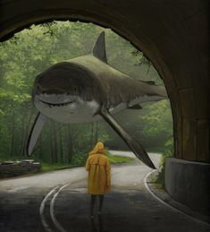 a painting of a person standing in front of a large shark on the side of a road