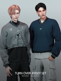 two young men standing next to each other in front of a gray background with the words, turn over jersey set