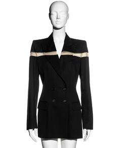 For Sale on 1stDibs - ▪ Alexander McQueen black blazer mini dress ▪ Double-breasted ▪ Nude nylon mesh cut-out panel ▪ Peak lapels ▪ 2 front flap pockets ▪ Padded shoulders ▪ Luxury Black Blazer Dress With Double-breasted Button, Black Single Breasted Blazer Dress For Evening, Black Notch Lapel Blazer Dress For Evening, Evening Black Double-breasted Blazer, Black Tuxedo Blazer Dress With Double-breasted Button, Black Double-breasted Tuxedo Blazer Dress, Tuxedo Style Blazer Dress With Double-breasted Button For Evening, Black Notch Lapel Blazer Dress For Night Out, Black Mini Length Formal Outerwear