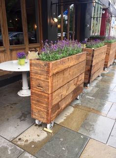 three wooden planters with purple flowers in them sitting on the side of a building