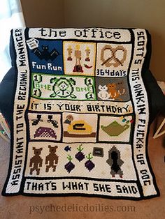 a blanket that has been made to look like it is on the floor with pictures and words