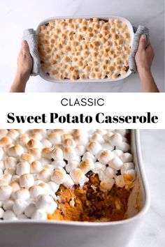 a casserole dish filled with sweet potato casserole and topped with marshmallows