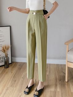 High Waist Pencil Pants Women Korean Style Solid Color All-match Ladie – jetechband Spring High-waisted Office Pants, High Waist Bottoms For Office In Fall, High Waist Bottoms For Business Casual, Office Lady Style, Non-stretch Office Pants For Spring, Non-stretch Summer Dress Pants For Office, Elegant Green Solid Color Pants, Solid Color Summer Office Pants, High Waist Solid Pants For Office, Green Casual Dress Pants For Office