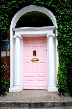 a pink door in front of a black fence with ivy growing on the wall behind it