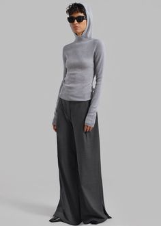 Color: Grey Melange Lightweight wool blend fabric Relaxed fit Straight leg High rise Slant hip pockets Belt loops Zip fly Hook and bar closure Unlined 48% Wool 30% Recycled Polyester 16.5% Polyester 5.5% Lycra Dry Clean Only By The Garment. Imported Denim Suit, Frankie Shop, Paris Woman, Pocket Belt, Knit Hoodie, Pleated Pants, Clothes Shop, Oversized Blazer, Wide Pants