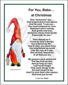 the poem for you, babe at christmas with an image of a gnome in red and white