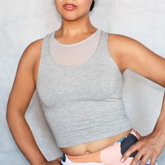 Tiffani Gray Mesh Crop Top | Runner Island® Activewear Gray Athleisure Tank Top With Built-in Bra, Athleisure Stretch Crop Top For Layering, Stretch Athleisure Crop Top For Layering, Mesh Athleisure Crop Top, Mesh Tank Top With Built-in Bra, Sporty Racerback Tops For Layering, Athleisure Crop Top For Layering, Gray High-stretch Racerback Tops, Mesh Sleeveless Tank Top For Workout