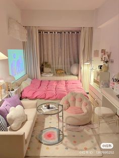 a bedroom with pink and white furniture in it