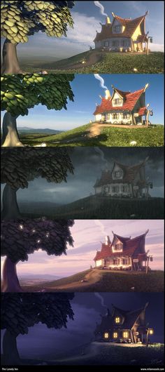 four different views of houses in the sky