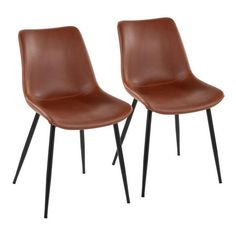 two brown leather chairs with black legs