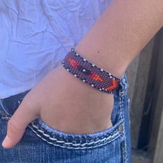 Hand Woven Southwestern Style Bracelets, Beaded Bracelet, Casual Jewelry, White, Purple, and Orange Seed Beads, Stack .75 x 7.25 Inches Aztec Bracelet, Beaded Hat Bands, Aztec Fashion, Beaded Hat, Aztec Designs, Native Beadwork, Casual Jewelry, Southwestern Style, Hat Band