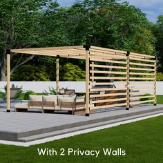 an outdoor living area with two privacy walls