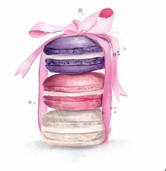 a watercolor painting of macaroons in a pink bag with a bow on top