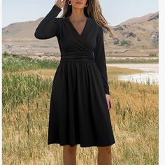 Brand New With Tags Very Lightweight Size Large Long Sleeve Side Pockets Color Is Black Casual Black V-neck Dress For Fall, Black Non-stretch V-neck Midi Dress, Black Midi Dress With Surplice Neckline For Fall, Black V-neck Surplice Neckline Dress For Fall, Casual Black Dress With Surplice Neckline, Casual Black Midi Dress With Surplice Neckline, Wine Bridesmaid Dresses, Summer Dresses Knee Length, Black Lace Maxi Dress