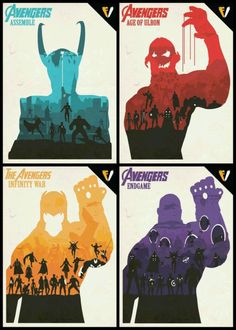 the avengers movie poster is shown in four different colors