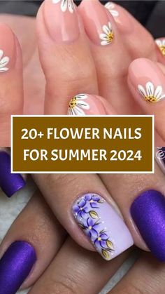 Purple Flowers Nail Art, Summer Flower Nails 2024, Nail Ideas With Flowers Art Designs, Flowers On Nails Design, Summer Floral Nails Designs, Flower Manicure Designs, Hand Painted Nail Art Design, Bright Floral Nails, Flowers On Nails Simple