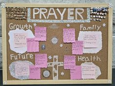 a bulletin board with notes and magnets on it that says prayer, growth, family