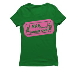 Alpha Kappa Alpha ADMIT ONE T-shirt – Deference Clothing Inc. Green Cotton Pop Culture T-shirt, Green Fan Merchandise T-shirt With Text Print, Green T-shirt With Text Print For Fans, Green Text Print T-shirt For Fans, Pop Culture Green Tops With Letter Print, Green Fan Merchandise T-shirt With Logo, Green Logo Print T-shirt For Fan Merchandise, Pre-shrunk Green Pop Culture T-shirt, Green Pre-shrunk Pop Culture T-shirt