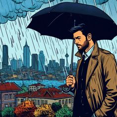 a man holding an umbrella over his head while standing in front of a cityscape