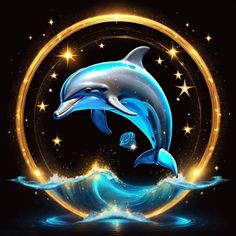 a dolphin jumping out of the water in front of a circle with stars on it