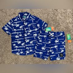 Nwt Boys Blue Palm Tree Print Shorts Set, Sz 4 365 Kids By Garanimals Button Down Shirt + Jogger Style Shorts With Pockets Summer Blue Sets With Pockets, Casual Playwear Sets With Pockets, Casual Summer Sets With Button Closure, Casual Blue Bottoms For Playwear, Blue Cotton Sets For Vacation, Casual Short Sets With Buttons, Blue Cotton Beach Season Sets, Blue Cotton Vacation Sets, Playful Summer Sets With Pockets