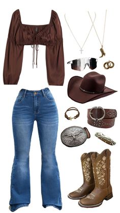 Country Concert Outfit Fall Jeans, Bailey Zimmerman Concert Outfit, Line Dancing Outfit Country, Line Dancing Outfit Country Women, Country Dance Outfit, Flare Jeans Outfit, Cowgirl Look, Horse Riding Clothes