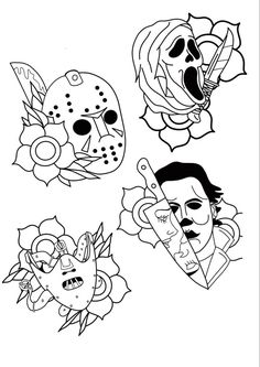 four masks with different facial expressions on them, each one is drawn in black and white