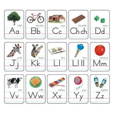 an alphabet flash card with pictures of animals and letters