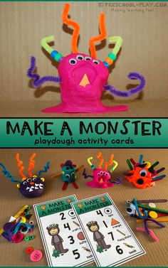 make a monster playdough activity cards with numbers and monsters on the back ground